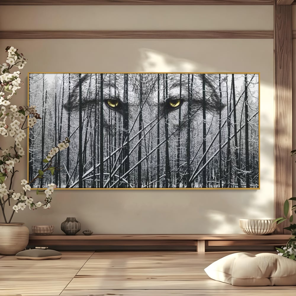 Tablou canvas cu tablou canvas cu ochi de lup si padure iarna, in rama de aluminiu auriu